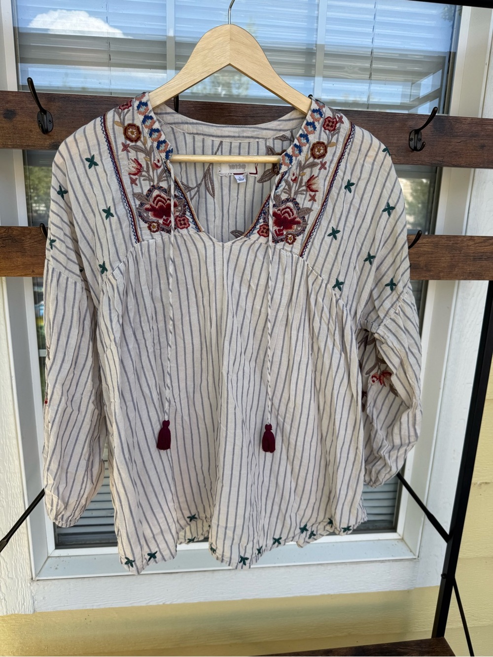 Johnny Was Cream Striped Peasant Tunic with Burgundy Embroidery